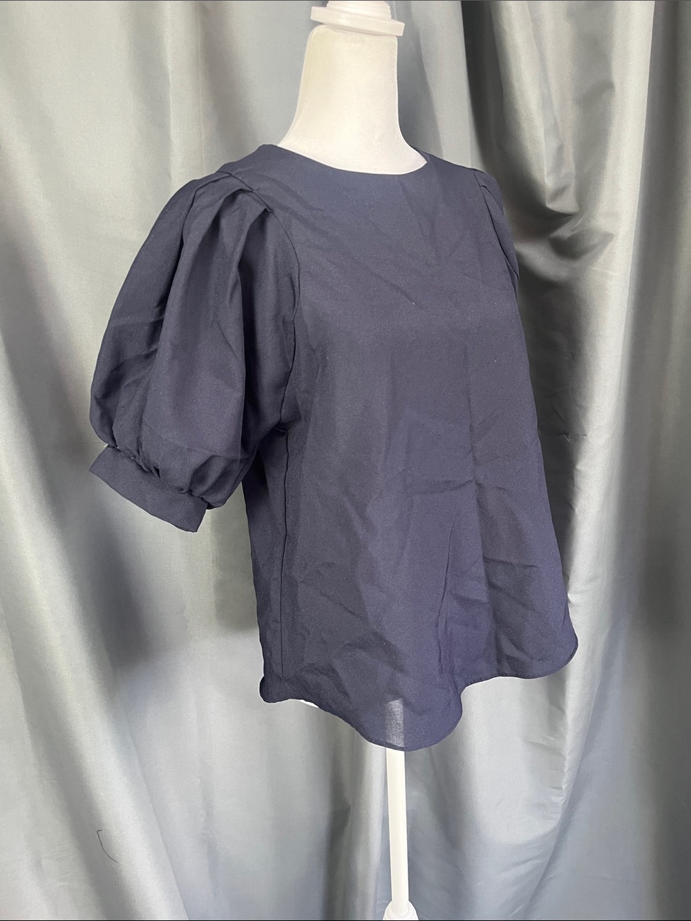 Ziggi Navy Puff-Sleeve Round-Neck Blouse